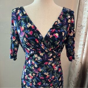 Lauren Ralph Lauren Size 6 Navy Blue Multi-Color Floral V-Neck Ruched Dress